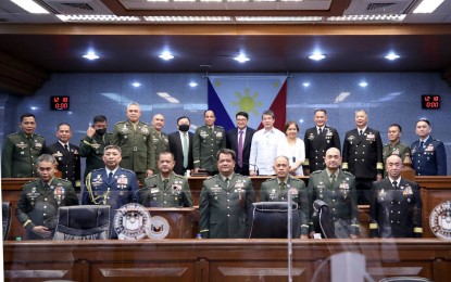 <p>CONFIRMED. The Commission on Appointments approves the ad-interim appointments of 17 senior officers of the Armed Forces of the Philippines at the Senate session hall on Monday (May 30, 2022). Also in photo are Senators Christopher “Bong Go, Koko Pimentel III, and Cynthia Villar (top row; 6th, 9th, 10 from left). <em>(Photo courtesy of Senate PRIB)</em></p>