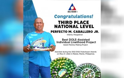<p><strong>WINNER</strong>. The Department of Labor and Employment congratulates Perfect Caballero Jr. for his family's <em>patotoy-</em>making business, which won as the third best livelihood project in the country. Caballero's family earns more or less PHP30,000 a month from their native delicacy-making business. <em>(Photo courtesy of DOLE-Ilocos Region)</em></p>