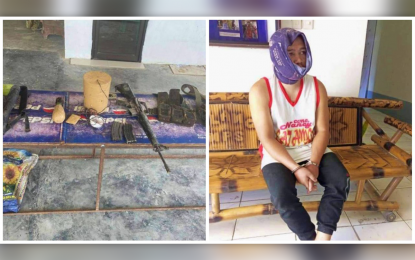 <p><strong>SEIZED WAR MATERIEL.</strong> The war matériel seized from the Dawlah Islamiya extortion group hiding in the marshland of M’lang, North Cotabato, Wednesday (June 1, 2022). A member of the terror group was killed while another was arrested (in photo) during the law enforcement operation. <em>(Photos courtesy of 6ID)</em></p>