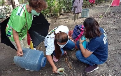 <p><strong>DENGUE SURVEILLANCE</strong>. Health workers in Burgos, Ilocos Norte conduct a "surveillance operation" to check the presence of dengue-carrying mosquitoes on Monday (June 6, 2022). The Provincial Health Office has reported 77 dengue cases since January. <em>(Contributed photo)</em></p>