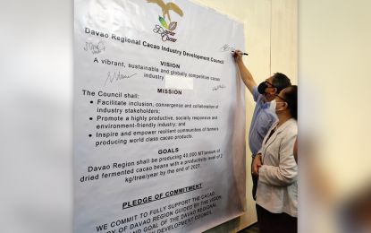 <p><strong>SOLID TIE UP.</strong> Fifty-three stakeholders sign a pledge of commitment with the Department of Industry in Davao Region (DTI-11) to collaborate in reviving the regional cacao council. With the reactivation of the council, DTI-11 expresses confidence Tuesday (June 7, 2000) that more accomplishments will be attained by the industry to promote cacao in Davao Region.<em> (Photo courtesy of DTI-11)</em></p>