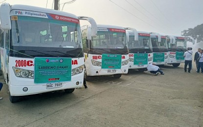 <p><strong>FREE RIDE</strong>. Some of the modern buses in Calbayog City, Samar taking part in the third phase of the free ride program. The program will run until June 25, 2022 the Land Transport and Franchising Regulator Board (LTFRB) said on Tuesday (June 7).<em> (Photo courtesy of LTFRB)</em></p>
