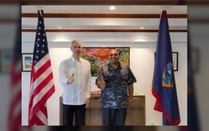 <p><strong>VISIT TO GUAM</strong>. Negros Occidental Governor Eugenio Jose Lacson (left) is welcomed by Guam Lieutenant Governor Joshua Franquez Tenorio during a courtesy call on Wednesday (June 8, 2022). Lacson, who is on a four-day visit to the US island territory, is the guest of honor and speaker of the 124th Philippine Independence Day celebration of the Office of the Consulate General at the RIHGA Royal Laguna Guam Resort on the same day.<em> (Photo courtesy of PIO Negros Occidental)</em></p>