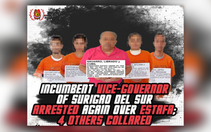 <p><strong>ARRESTED FOR  ESTAFA.</strong> Authorities arrest outgoing Surigao del Sur Vice Gov. Librado Navarro (center) and four others Thursday (June 9, 2022) in Poblacion Lianga, Surigao del Sur. Librado and the other suspects are facing charges for syndicated estafa and violation of Republic Act 8799 or the Securities Regulations Code. <em>(Photo courtesy of PRO-13)</em></p>