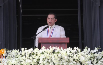 <p><strong>HEED CALL OF UNITY.</strong> House Majority Leader Martin Romualdez calls on all allies and foes to heed President-elect Ferdinand “Bongbong” Marcos Jr.’s call of unity as the former leads the 124th Independence Day celebration at the Aguinaldo Shrine in Kawit, Cavite on Sunday (June 12, 2022). Romualdez said now is the time to set aside politics and work together toward nation building. <em>(PNA photo by Avito Dalan)</em></p>