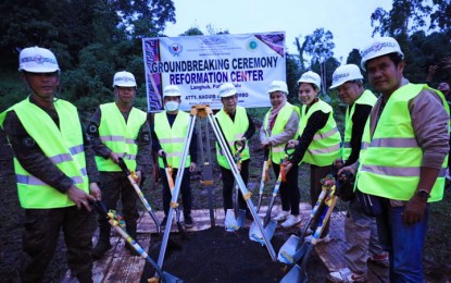 <p><strong>REFORMATION HUB.</strong> Lawyer Naguib Sinarimbo (4th from left), Minister of the Interior and Local Government in the Bangsamoro Autonomous Region in Muslim Mindanao (MILG-BARMM), leads the groundbreaking Saturday (June 11, 2022) for the construction of the PHP25 million reformation facility for the former Abu Sayyaf Group members in Patikul, Sulu. The facility will serve as a training center for  former ASG members to become productive and responsible citizens. (<em>Photo courtesy of MILG-BARMM)</em></p>