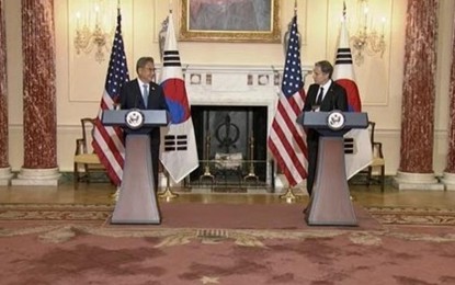 <p><strong>NUCLEAR TEST.</strong> South Korean Foreign Minister Park Jin (L) and US Secretary of State Antony Blinken holds a joint press conference after their meeting at the state department in Washington on June 13, 2022 in this image captured from the website of the state department. The top diplomats urged North Korea to refrain from staging additional provocations including a nuclear test, saying that they will only further isolate the impoverished country. <em>(Yonhap)</em></p>