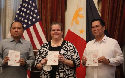 <p><strong>STRONG TIES.</strong> (From left) Foreign Affairs Assistant Secretary Jose Victor Chan-Gonzaga, US Embassy Charge d' Affaires Heather Variava, and Department of National Defense Undersecretary Cardozo Luna, lead the launch of the East-West Center publication "Philippines Matters for America, America Matters for the Philippines" at the US Embassy Chancery Ballroom on Wednesday (June 15, 2022). According to the publication, security relations between the two nations "remain strong", with the Philippines continuing to be the US' oldest ally in the Indo-Pacific. <em>(PNA photo by Avito Dalan)</em></p>