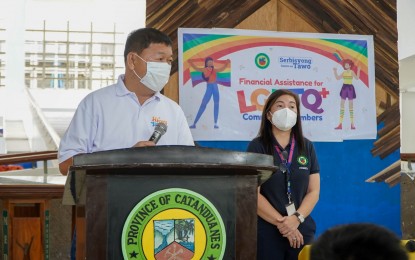 <p><strong>CASH AID</strong>. Catanduanes Governor Joseph Cua delivers his message during the distribution of financial assistance to 250 LGBTQIA+ group members in Virac town on Wednesday (June 15, 2022). He said the activity marks the start of a more inclusive annual celebration of Pride Month in the whole province. <em>(Photo courtesy of Catanduanes provincial government )</em></p>