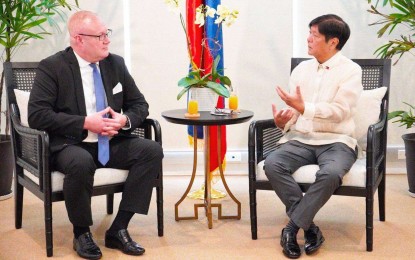 <p><strong>FINLAND ENVOY.</strong> Finland ambassador to the Philippines H.E. Juha Markus Pyykko pays a courtesy call on President-Elect Ferdinand “Bongbong” Marcos Jr. at the BBM headquarters in Mandaluyong City on Wednesday (June 15, 2022). Pyykko expressed hope that the Marcos administration would adopt the Philippines’ position against Russia’s invasion of Ukraine. <em>(Photo courtesy of BBM Media Group)</em></p>