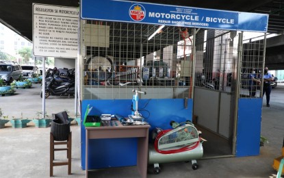 <p><strong>REPAIR STATION.</strong> The motorcycle and bicycle repair station at the ground level of Quezon Avenue flyover. The repair station, which is open from 5 a.m. to 9 p.m, is equipped with basic repair and vulcanizing tools, as well as trained MMDA personnel who will help riders whose bikes and motorcycles broke down on the road.<em> (Photo courtesy of MMDA)</em></p>