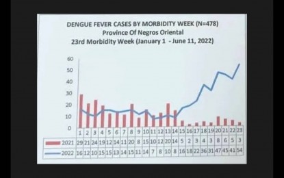 <p><strong>DENGUE SPIKE</strong>. The number of dengue cases in Negros Oriental steeply climbed over the past weeks. As of June 11, 2022, the total number of dengue cases has reached 478, which is 44 percent higher compared to the same period last year. <em>(Graph courtesy of Provincial Health Office)</em></p>