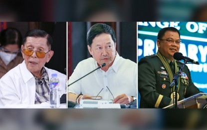 <p>Former Senator Juan Ponce Enrile (left); Justice Secretary Menardo Guevarra (center) and retired AFP chief Jose Faustino Jr. (right) <em>(File photos)</em></p>