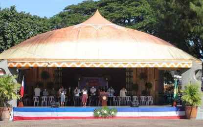 <p><strong>INAUGURATION</strong>. The Golden Salakot-designed stage near the Antique Provincial Capitol will be the venue for the inauguration of local winning candidates led by Governor Rhodora Cadiao on June 27, 2022. Interior and Local Government Antique Provincial Director Cherryl Tacda said on Friday (June 17) that they are looking forward to a smooth transition of power between the elected and outgoing officials in the province.<em> (Photo courtesy of Antique PIO)</em></p>