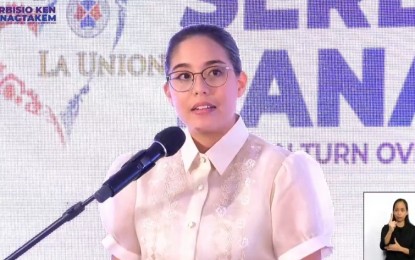 <p><strong>FUNDING REQUIREMENTS</strong>. La Union Governor Raphaelle Veronica Ortega-David in a photo taken during her inauguration on June 16, 2022. On Wednesday (June 26, 2024), she calls on the Sangguniang Panlalawigan (Provincial Board) members to pass resolutions to complete the requirements to help finance the PHP300- million Ramut-Puguil farm-to-market road rehabilitation project under the Philippine Rural Development Project (PRDP). (<em>Screenshot from Province of La Union's Facebook live stream)</em></p>