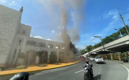 <p><strong>MINOR INCIDENT.</strong> Fire hits a portion of the Metropolitan Theater Manila on Friday morning (June 17, 2022). In a statement, the management said no important items were damaged in the blaze that started at the Padre Burgos Street wing. <em>(Photo courtesy of Manila DRRMO)</em></p>