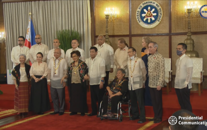 <p><strong>NATIONAL ARTISTS.</strong> President Rodrigo Duterte has conferred the Order of National Artists on eight personalities in Philippine culture and arts. The award was given to Nora "Nora Aunor" Villamayor, Marilou Diaz-Abaya, and Ricardo Lee (National Artists for Film and Broadcast Arts); Antonio "Tony" Mabesa (National Artist for Theater); Agnes Locsin (National Artist for Dance); Fides Cuyugan-Asensio (National Artist for Music); Salvacion Lim-Higgins (National Artist for Design); and Gemino Abad (National Artist for Literature).<em> (Screenshot from Radio Television Malacañang)</em></p>