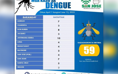 <p>The dengue cases recorded in San Jose municipality, Dinagat Islands, from April 1 to June 12, 2022. </p>