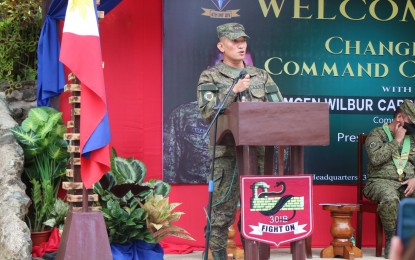 <p><strong>NEW COMMANDER.</strong> Lt. Col. Jerold Jale delivers his first speech as commander of the Philippine Army’s 30th Infantry Battalion at the unit’s headquarters in Gigaquit, Surigao del Norte on Friday (June 17, 2022). He replaced Lt. Col. Ryan Charles Callanta.<em> (Photo courtesy of 30IB)</em></p>