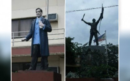 <p><strong>HEROES</strong>. The monuments of national hero Dr. Jose Rizal (left) and Katipunan founder Andres Bonifacio found in Novaliches in these photos taken in 2018. The two monuments were erected nine decades apart.<em> (Photos by Leilani Samonte-Junio)</em></p>