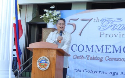 <p><strong>FRESH MANDATE</strong>. Governor Edwin Ongchuan of Northern Samar speaks during the province’s 57th founding anniversary at the provincial capitol grounds in Catarman town on June 19, 2022. He and other key elected officials of the provinces took their oath of office during the event, vowing to strengthen the cluster approach to improve the lives of poor families. <em>(Photo courtesy of Northern Samar provincial government)</em></p>
