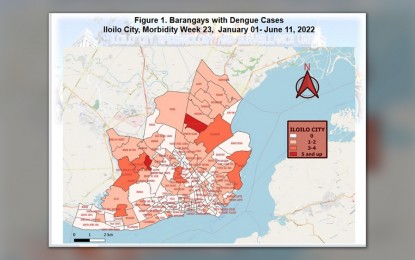 <p><strong>DENGUE CASES</strong>. A map showing barangays with dengue cases in Iloilo City. The city government has urged the public to sustain cleanup activities as dengue cases are on the rise. <em>(PNA graphics from Iloilo City Health Office–City Epidemiology and Surveillance Unit)</em></p>