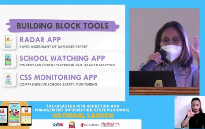 <p><strong>RISK REDUCTION</strong>. Department of Education Disaster Risk Reduction and Management Service Director Ronilda Co shares an overview of three applications for disaster preparedness and risk reductions, launched in a hybrid conference on Monday (June 20, 2022). Co said these applications seek to help improve data interpretations and increase children's participation in disaster preparations. <em>(Screengrab)</em></p>