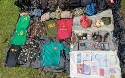 <p><strong>ARMY-NPA CLASH.</strong> Recovered items from seven suspected members of the New People's Army after a clash with government troops in Barangay Nagbinlod, Sta. Catalina, Negros Oriental on April 6, 2022. Among the items retrieved by the 11th Infantry Battalion of the Philippine Army were a firearm and personal belongings. <em>(Photo courtesy of 11IB)</em></p>