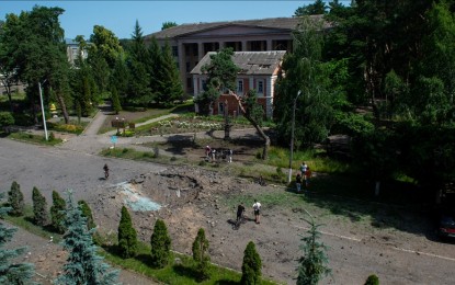 <p>An aerial view of an explosion crater produced by the Russian army's bombardment at the territory of the Kharkov State Animal Veterinary Academy as Russian attacks continue on Ukraine in Kharkiv, Ukraine on June 20, 2022.<em> (Sofia Bobok - Anadolu Agency)</em></p>