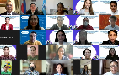<p><strong>PEACE PROMOTION.</strong> The Office of the Presidential Adviser on Peace, Reconciliation and Unity (OPAPRU), through its Knowledge Management and Peace Institute Service (KMPIS), conducts a virtual learning exchange between the Asean-Institute for Peace and Reconciliation (A-IPR) and Philippine Higher Education Institutions. It aims to mainstream the culture of peace within higher academic community. <em>(Screengrab from OPAPRU)</em></p>