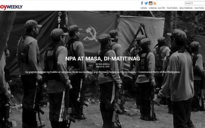 <p><strong>CPP-NPA-NDF AFFILIATES</strong>. An article published by Pinoy Weekly on its website on March 30, 2022, entitled “NPA at Masa, ‘di Matitinag” (NPA and masses, ‘unshakable’), promotes terrorism and violates the Anti-Terrorism Act of 2020, National Security Adviser Secretary Hermogenes Esperon Jr. said. He said this explains why Pinoy Weekly and Bulatlat are included in the list of websites affiliated with the Communist Party of the Philippines-New People’s Army-National Democratic Front. <em>(Screengrab from Pinoy Weekly website)</em></p>