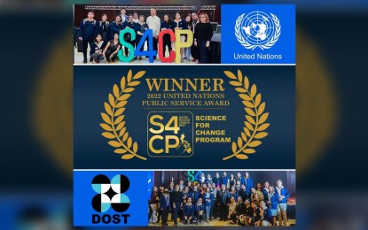 <p><strong>PUBLIC SERVICE.</strong> The Philippines' Science for Change Program (S4CP) receives a 2022 United Nations (UN) Public Service Award. On Thursday (Juune 23, 2022), Department of Science and Technology Secretary Fortunato de la Peña said the award was a fitting recognition of the high-caliber performance demonstrated by the S4CP. <em>(Photo grabbed from DOST-Science for Change Program's Facebook page)<br /></em></p>