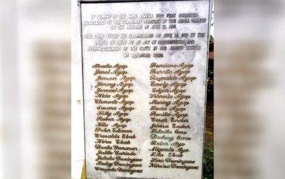 <p>Memorial marker of the 38 victims of the 1989 Rano massacre in Digos City, Davao del Sur<em> (PNA photo by Che Palicte)</em></p>