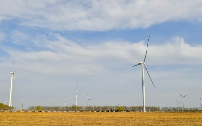 <p>Photo taken on April 13, 2022 shows a wind farm in Binhai New Area, north China's Tianjin.  <em>(Xinhua/Sun Fanyue)</em></p>