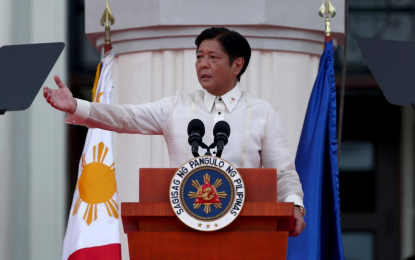 <p><strong>RESILIENT PHILIPPINES.</strong> Newly-installed President Ferdinand "Bongbong" Marcos Jr. delivers his inaugural speech after taking his oath of office before Chief Justice Alexander Gesmundo at the National Museum of the Philippines in the City of Manila on Thursday (June 30, 2022). Marcos promised to build an “agile and resilient” nation under his leadership. <em>(Photo by Rey S. Baniquet)</em></p>
