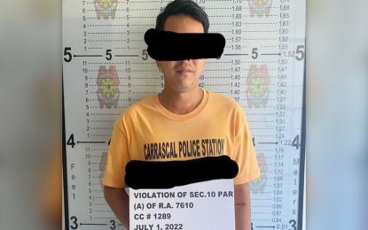 <p><strong>ARRESTED.</strong> After five years, a suspect named as the top most wanted in the province of Dinagat Islands is arrested in Barangay Adlay, Carrascal, Surigao del Sur on Friday (July 1, 2022). He is facing criminal charges for the violation of the provisions of RA 7610, or the Special Protection of Children Against Abuse, Exploitation, and Discrimination Act.<em> (Photo courtesy of Carrascal PNP)</em></p>