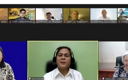 <p><strong>STRONGER, BETTER EDUCATION.</strong> Vice president and Education Secretary Sara Duterte-Carpio meets various members of national private education schools, together with former education secretary Leonor Briones via zoom on Monday (July 4, 2022). Duterte said the government will look into various measures to resolve pandemic impacts on private schools and to strengthen the education sector as a whole. <em>(Photo courtesy of DepEd)</em></p>