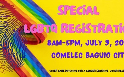 <p><strong>SPECIAL REGISTRATION</strong>. The Commission on Elections in Baguio says it will give special preference to lesbians, gay, bisexuals, transgenders, and queer (LGBTQ) voters who will transact with its office on Saturday (July 9, 2022) for the barangay and Sangguniang Kabataan elections set for December. Baguio election supervisor John Paul Martin, however, said others can still register on Saturday, and not just LGBTQ members. <em>(PNA photo poster of the advisory)</em></p>