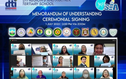 <p><strong>STUDENT MENTEES</strong>. Twelve Higher Education Institutions (HEIs) in Western Visayas sign a Memorandum of Understanding with the Department of Trade and Industry in a virtual ceremony for the implementation of the five-module Youth Entrepreneurship Program: In-School Entrepreneurs Academy (YEP:iSEA) on July 1, 2022. The program aims to gradually change the mindset of students to engage in business rather than look for employment after finishing school. <em>(Photo courtesy of DTI VI)</em></p>