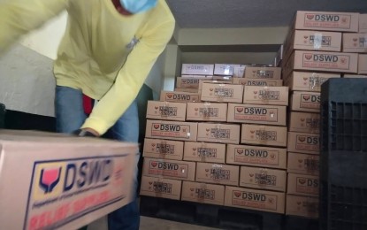 <p><strong>PREPS FOR RAINY DAYS.</strong> A worker piles boxes of family food packs in one of the warehouses in Samar province in this undated photo. The Department of Social Welfare and Development prepositioned 20,089 family food packs in strategic areas of Eastern Visayas for an immediate response as several areas in the region have started to experience rainfall. <em>(Photo courtesy of DSWD Region 8)</em></p>