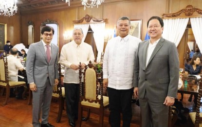 <p><strong>THE PRESIDENT’S MEN.</strong> Interior and Local Government Secretary Benhur Abalos, Foreign Affairs Secretary Enrique Manalo, Justice Secretary Boying Remulla, and Solicitor General Menardo Guevarra (from left) attend the first Cabinet meeting of the Marcos administration at Malacañang on Tuesday (July 5, 2022). Guevarra said among the orders that day was to reorganize agencies and streamline operations to promote a more efficient allocation of government resources. <em>(Photo courtesy of Bongbong Marcos Facebook)</em></p>