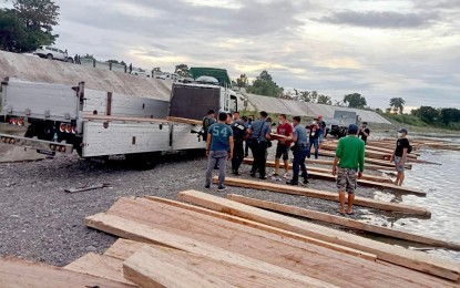 <p><strong>ILLEGAL LOGGING.</strong> Law enforcers confiscate over 13,000 board feet of illegal logs in an operation in General Tinio, Nueva Ecija on Monday (July 11, 2022). The over PHP800,000 worth of contraband were brought to the municipal compound of General Tinio and the Nueva Ecija Police Provincial Office for temporary custody and safekeeping. <em>(Photo courtesy of DENR Region 3)</em></p>