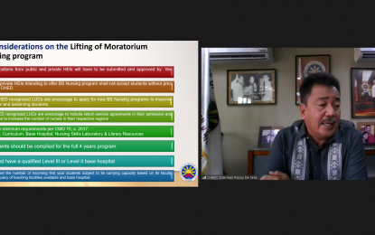<p><strong>MORATORIUM LIFTED</strong>. Commission on Higher Education Chairperson Prospero “Popoy” De Vera III discusses the criteria and considerations for the lifting of the moratorium on new nursing programs, in a virtual press briefing on Wednesday (July 13, 2022). He said Higher Education Institutions may apply for the reopening of their programs as early as Thursday (July 14, 2022). <em>(Screengrab)</em></p>