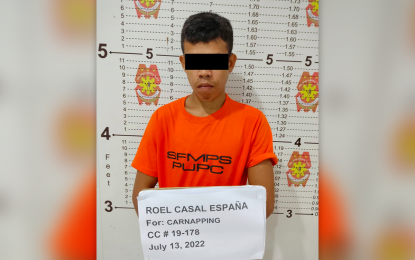 <p><strong>BUSTED.</strong> Suspect Roel España, 24, considered the most wanted person for carnapping in Agusan del Sur, is arrested at dawn Wednesday (July 13, 2022) in San Francisco town. The suspect has been hiding for three years after stealing a motorcycle in Trento, Agusan del Sur, in 2019. <em>(Photo courtesy of PRO-13 Information Office)</em></p>
