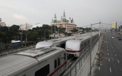 <p><strong>TRAINS</strong>. Rolling stock of the MRT-7 parked along Commonwealth Avenue in Quezon City. On Tuesday (July 26, 2022), Transportation Undersecretary for Railways Cesar Chavez gives updates on the progress of several railway projects such as the Metro Manila Subway. <em>(PNA photo by Avito Dalan)</em></p>