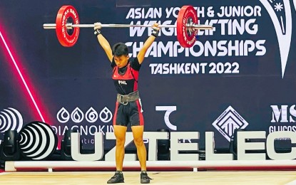 <p><strong>WINNER.</strong> Angeline Colonia ruled the Youth women's 40kg category of the Asian Youth and Junior Weightlifting Championships in Tashkent, Uzbekistan on July 17, 2022. Colonia, a Grade 11 student from Culianan National High School in Zamboanga City, became a member of the national team only last March. <em>(Photo courtesy of Asian Weightlifting Federation)</em></p>