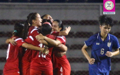 <p><strong>ALL-TIME HIGH.</strong> The Philippine women's football team celebrates in this undated photo. The Filipinas moved up to the No. 49 spot in world rankings, marking the first time that the Philippine women's football program has breached the Top 50 in the FIFA rankings, it was disclosed Friday (March 24, 2023).<em> (Photo courtesy of the Philippine Football Federation)</em></p>