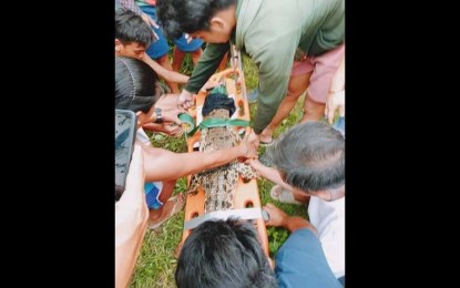 <p><strong>CAPTURED.</strong> A crocodile that was first spotted in the Bulacan river last June was finally caught in Sitio Tabon, Barangay Malis, Guiguinto, Bulacan on Sunday (July 17, 2022). The reptile was turned over to the Biodiversity Management Bureau of the Department of Environment and Natural Resources. <em>(Photo grab from Mayor Agatha Cruz's FB account)</em></p>