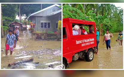 <p><strong>SAFER GROUNDS</strong>. Homeowners in Barangay Buliok, Pagalungan, fled to higher grounds as water levels continue to rise after the Pulangi and Tunggol rivers overflowed due to heavy downpours over the weekend in Bukidnon and North Cotabato. Maguindanao residents (right) board a rescue vehicle as their areas served as catch basin of floods from surrounding upland provinces.<em> (Photo courtesy of Pagalungan LGU)</em></p>