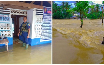 <p><strong>FLOODED ZONES.</strong> A police officer stands at the entrance of the police station in Datu Salibo, Maguindanao (left), amid the rampaging floodwaters that submerged communities in Barangay Poblacion, Pagalungan, Maguindanao. Of the 11 areas flooded in the province, only the town of Datu Montawal has so far declared a state of calamity as of Tuesday (July 19, 2022). <em>(Photos courtesy of Salibo and Pagalungan LGUs)</em></p>